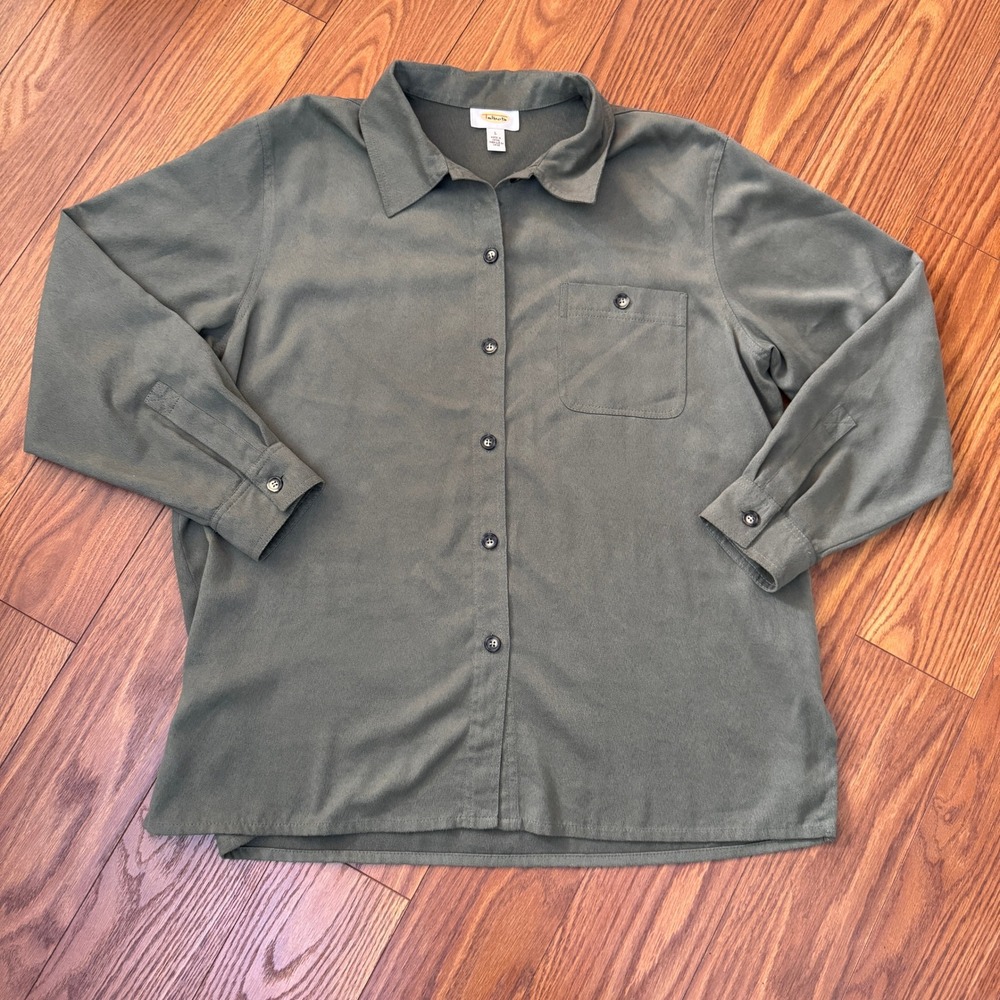 Talbots Womens Olive Green Faux Suede Button Down Shirt L Long Sleeve Pocket